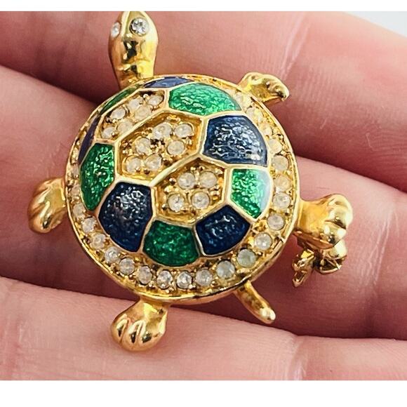 Vintage Turtle Pin Brooch Rhinestones Blue Enamel Shell 1.5" Pave Style Goldtone - Picture 9 of 10